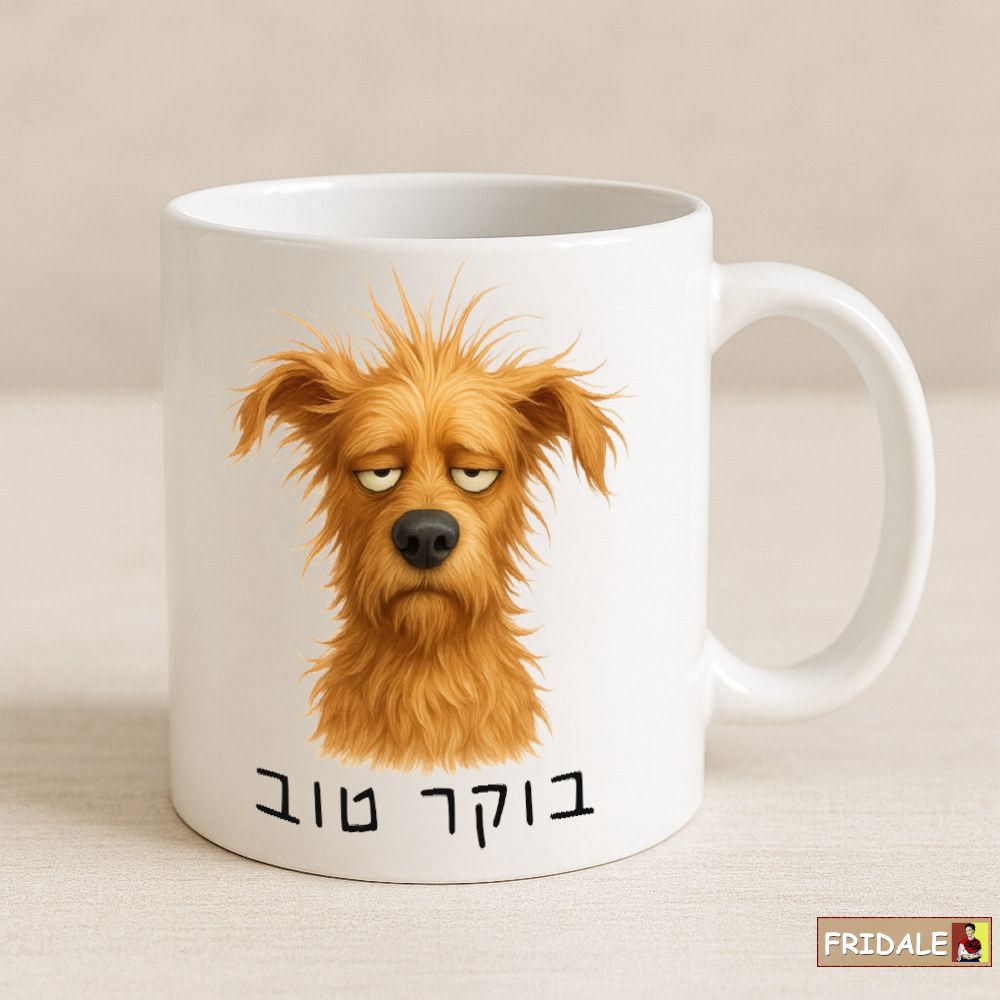 ספל בוקר טוב - קפה של בוקר עם כלב חמוד שרק התעורר