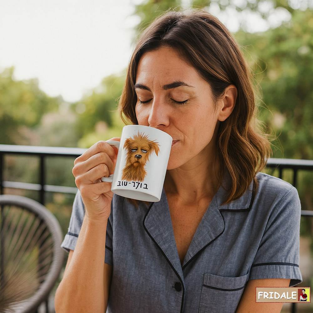 ספל בוקר טוב - קפה של בוקר עם כלב חמוד שרק התעורר