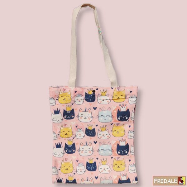 תיק ורוד עם חתולים וכתרים – תיק קנבס מעוצב, דו־צדדי